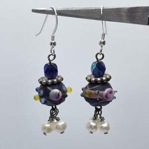925 Sterling Silver Vintage Murano Wedding Cake Glass Beaded Pearl Earrings